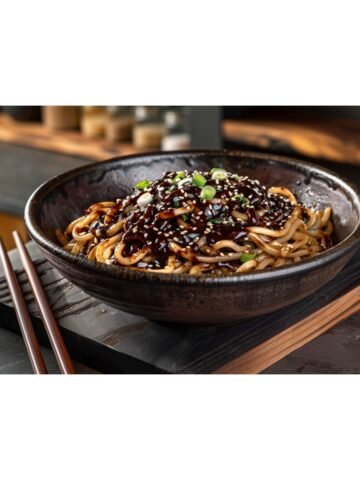 Close-up of deeply glossy black bean garlic sauce with fermented black bean pieces