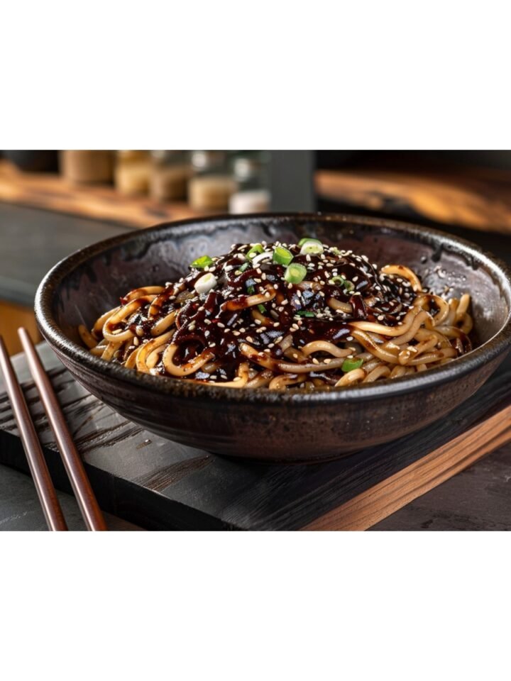 Close-up of deeply glossy black bean garlic sauce with fermented black bean pieces