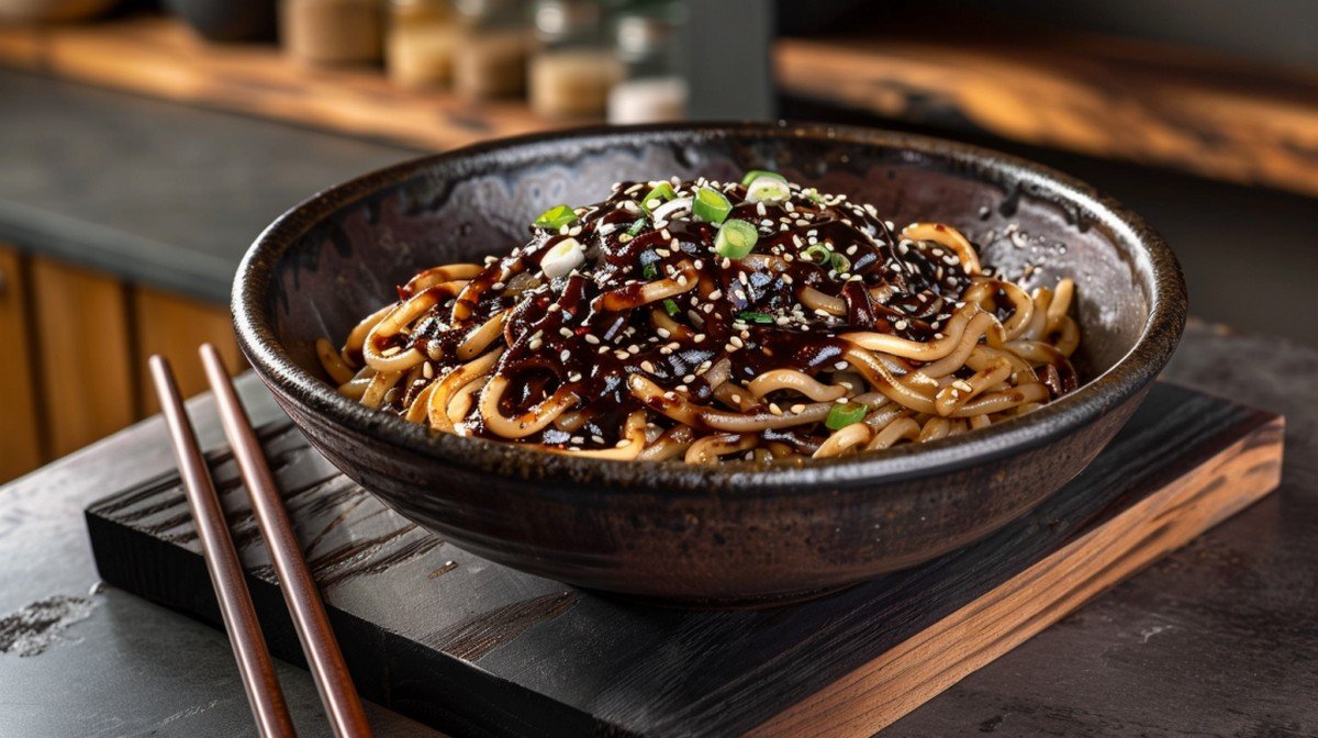 Close-up of deeply glossy black bean garlic sauce with fermented black bean pieces