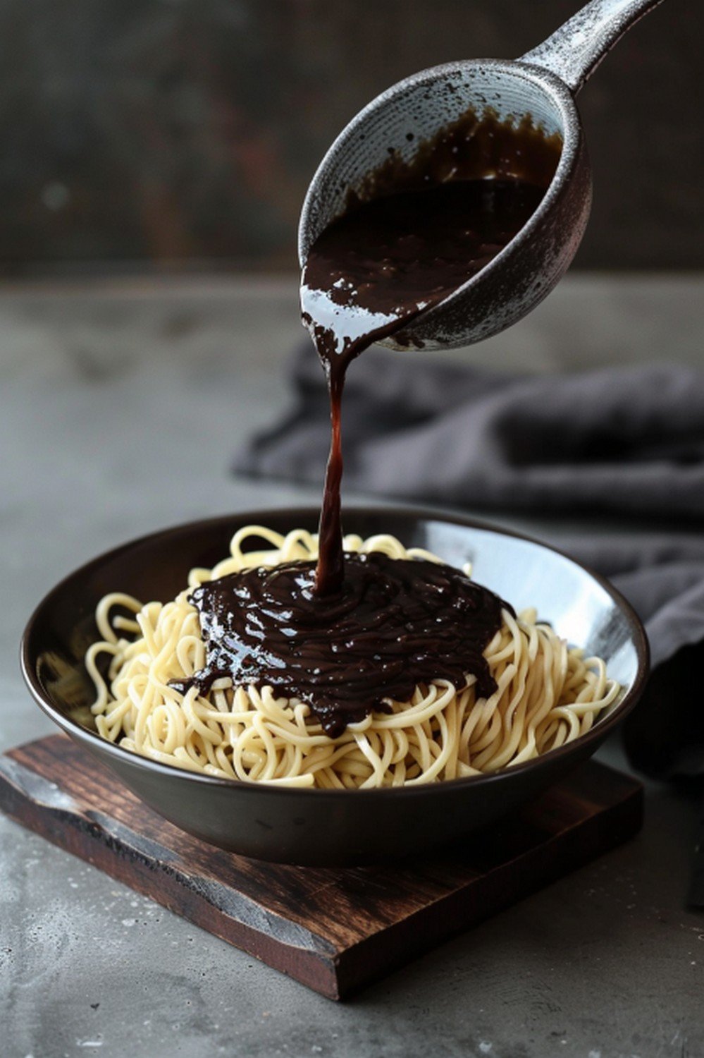 Black bean garlic sauce poured over stir fry noodles in dark ceramic bowl