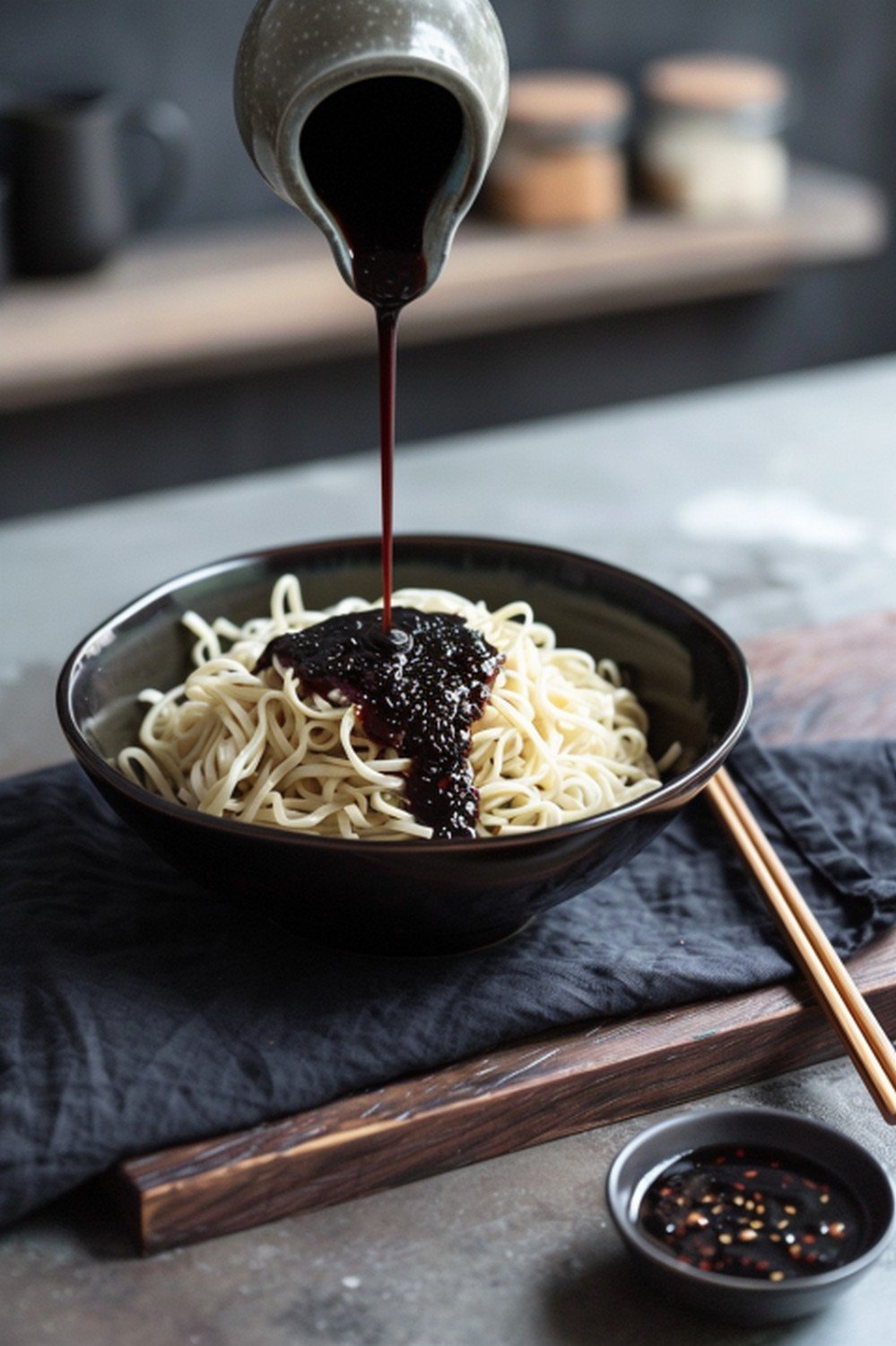 Bold Asian weeknight noodle bowl with black bean garlic sauce and chopsticks