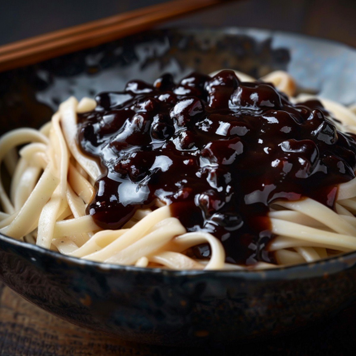 Close-up of deeply glossy black bean garlic sauce with fermented black bean pieces