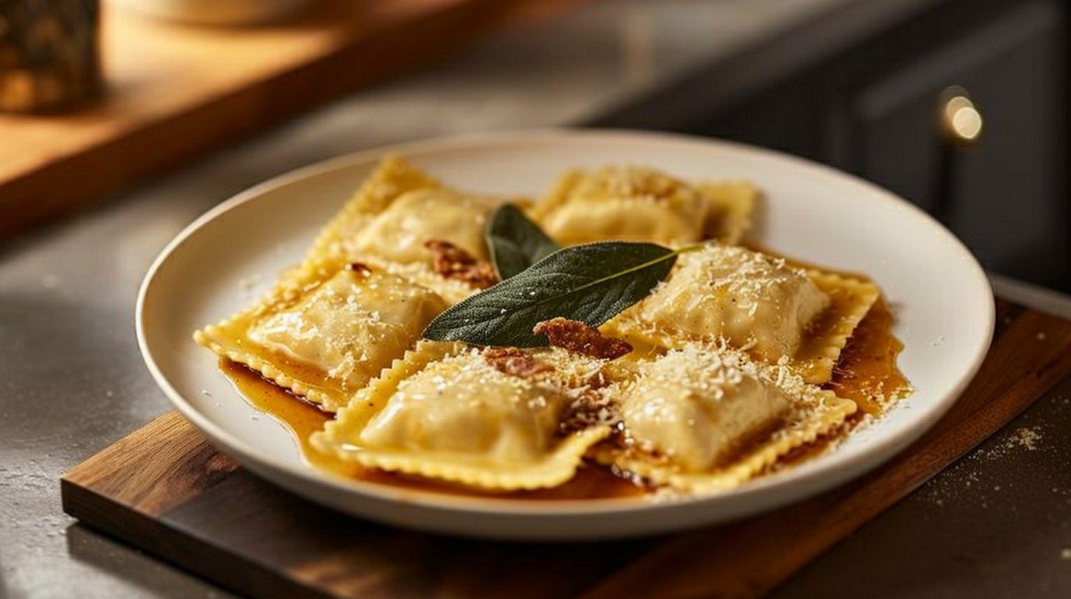 Golden brown butter sage sauce coating ravioli with crispy sage leaves