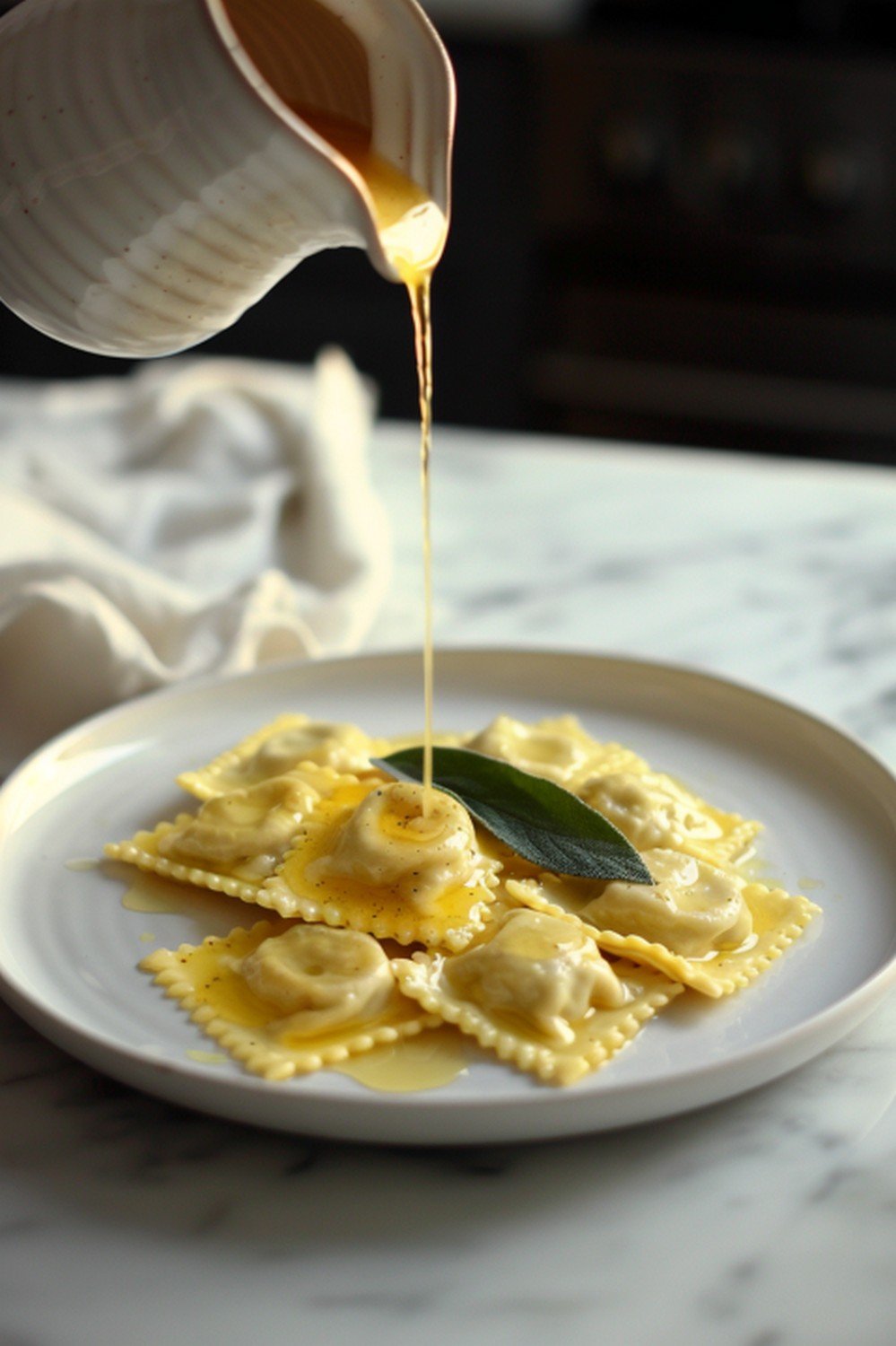 Brown butter sage sauce drizzled over ravioli on elegant white plate