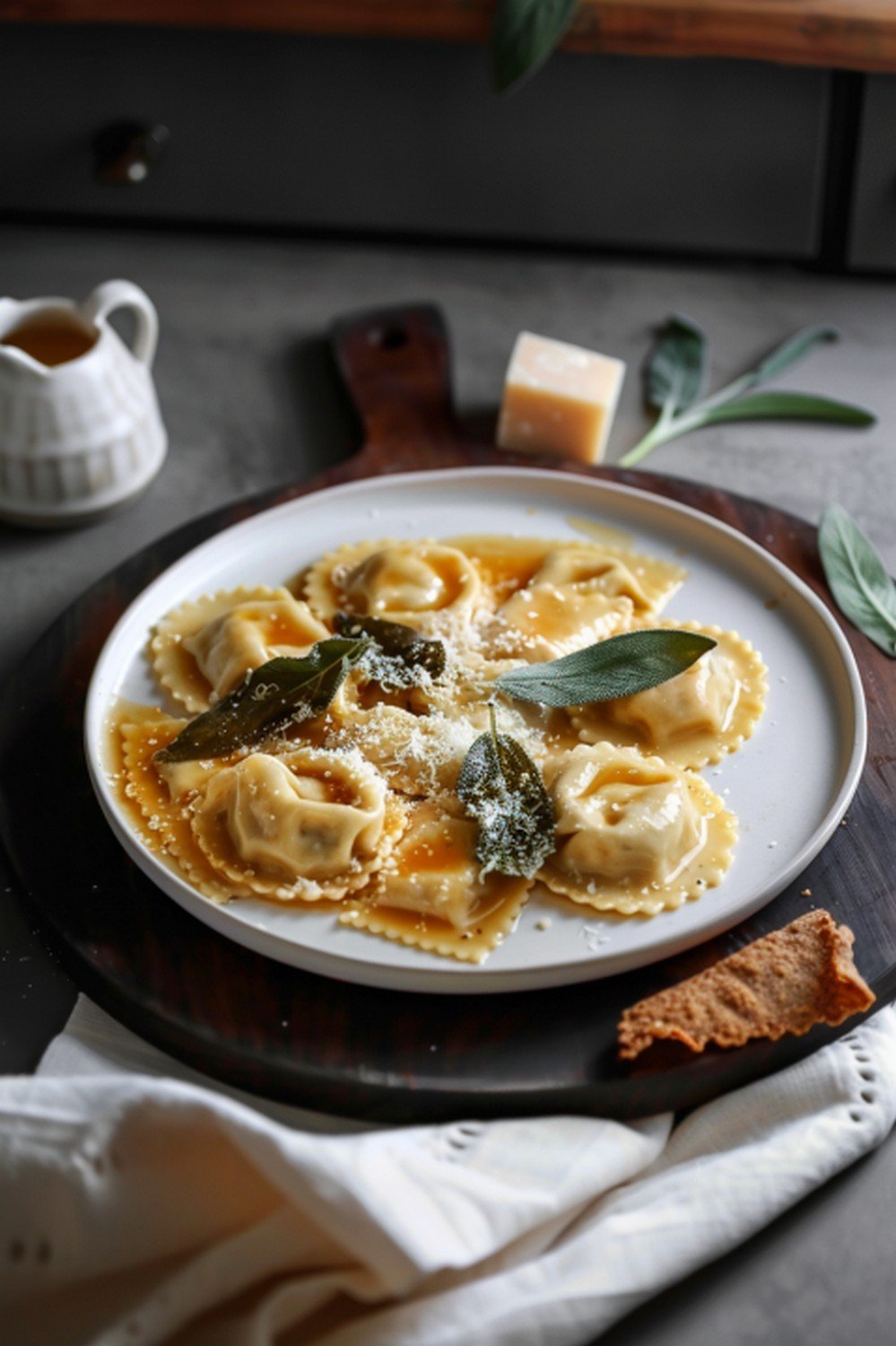 Elegant date night ravioli with brown butter sage sauce and parmesan