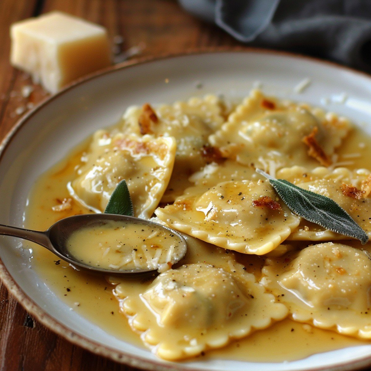 Close-up of silky golden brown butter sage sauce with browned butter specks