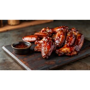 Buffalo Wild Wings Asian Zing sauce copycat — deep glossy dark amber gochujang-based sauce drizzled over golden crispy wings