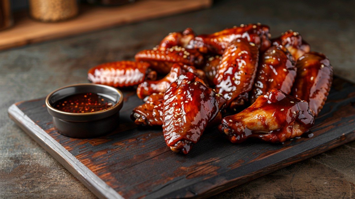 Buffalo Wild Wings Asian Zing sauce copycat — deep glossy dark amber gochujang-based sauce drizzled over golden crispy wings
