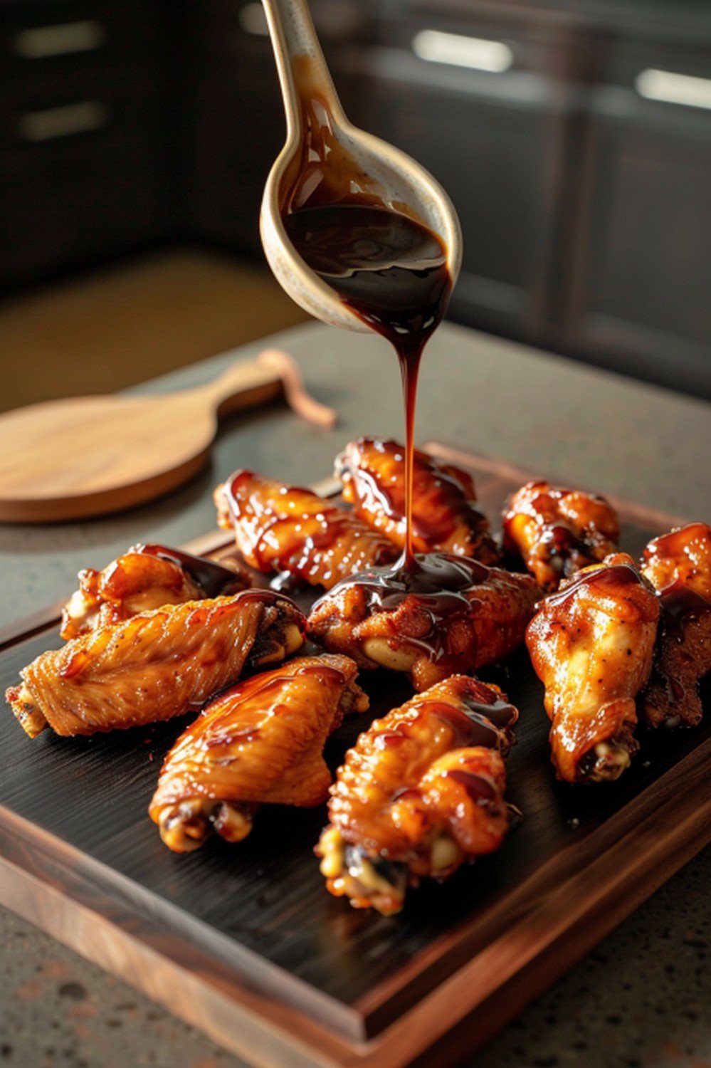 Deep dark amber Asian Zing sauce drizzled in precise slow arc from ceramic spoon over golden wings resting on wooden board
