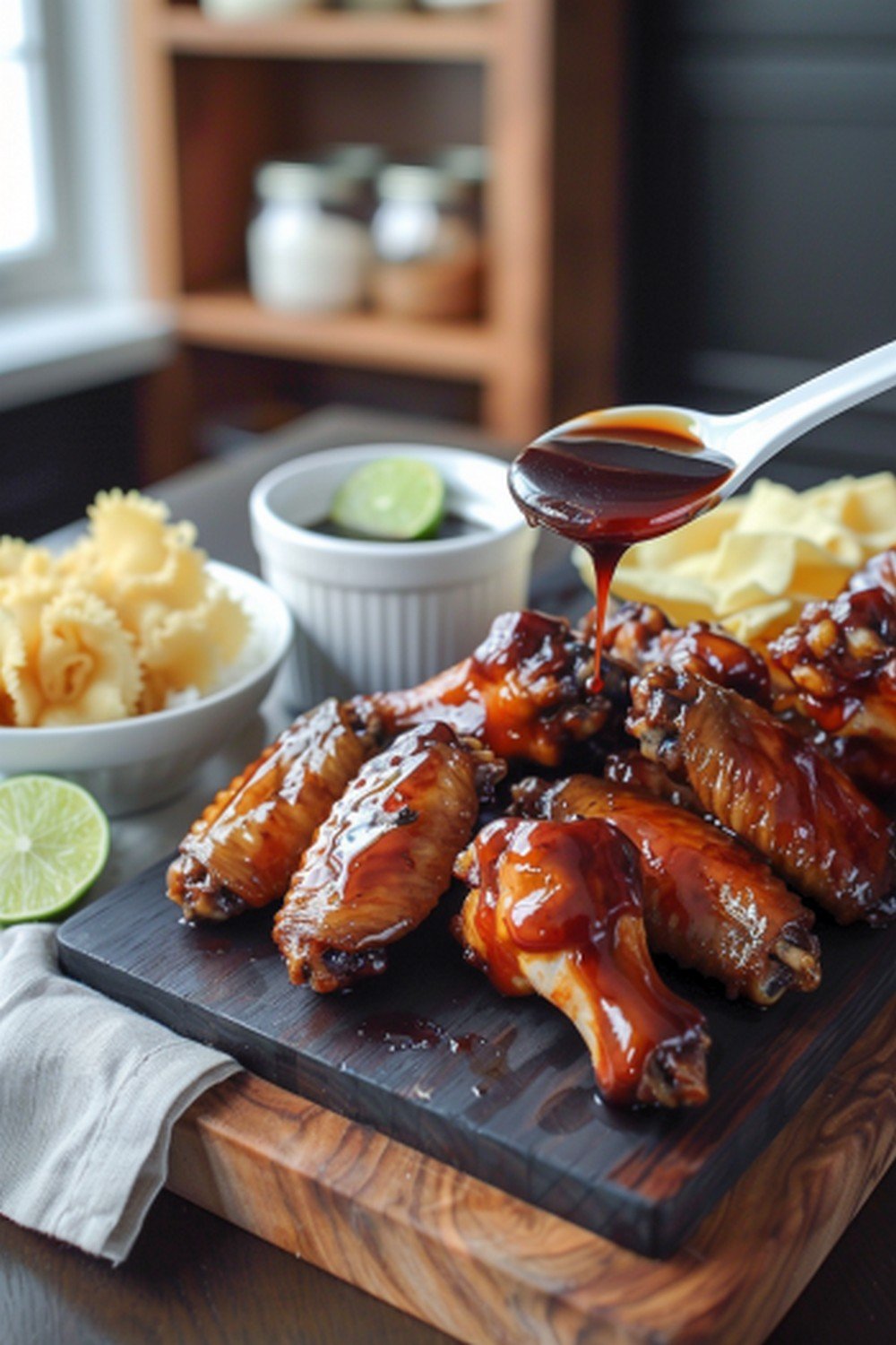 Homemade Buffalo Wild Wings Asian Zing sauce with golden wings and sauce ramekin on dark wooden board in warm home kitchen wing night
