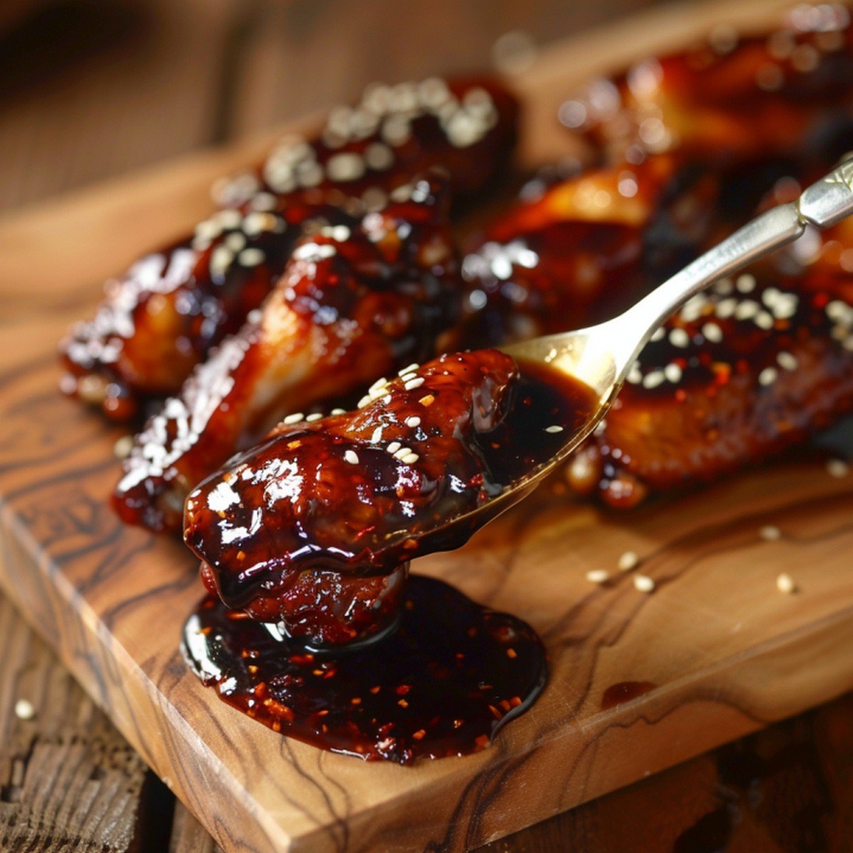 Close-up of deep glossy dark brown Asian Zing sauce with sesame and chili — thick tangy umami texture catching window light
