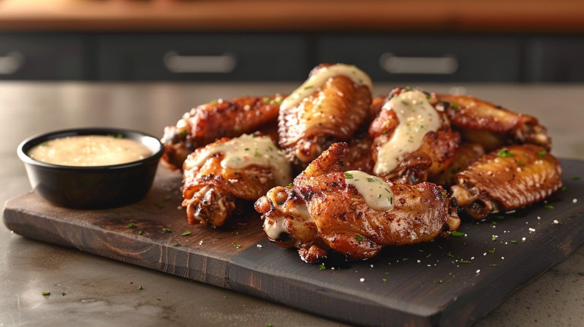 Buffalo Wild Wings Garlic Parmesan sauce copycat — creamy pale ivory garlic sauce with herb specks drizzled over golden wings

