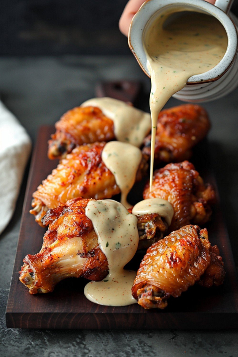 Creamy pale ivory garlic parmesan sauce drizzled in slow continuous stream from ceramic pitcher over golden crispy wings on wooden board
