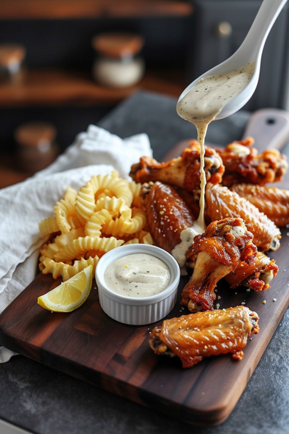 Homemade Buffalo Wild Wings Garlic Parmesan sauce with golden wings and sauce ramekin on dark wooden board in warm game day kitchen scene

