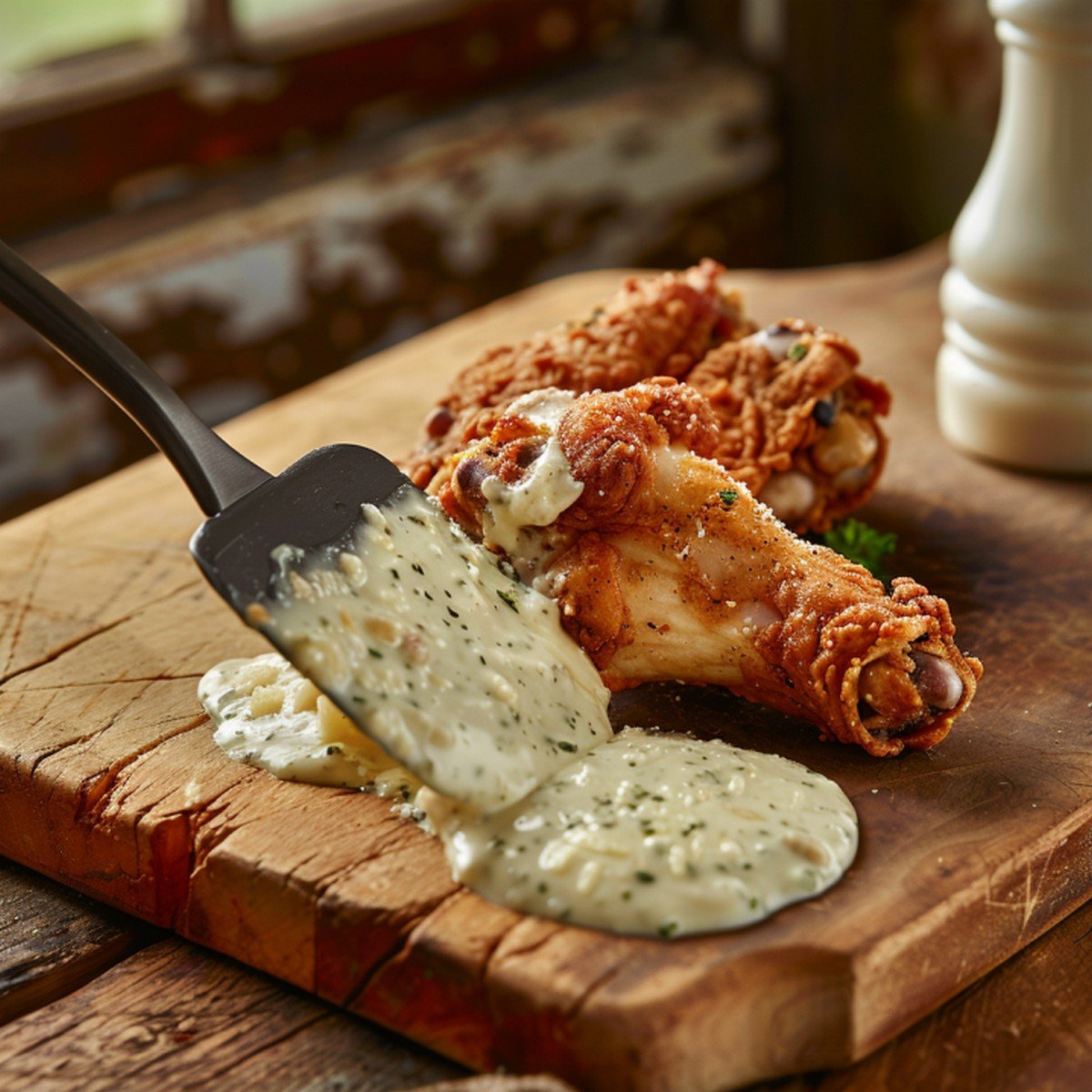 Close-up of creamy pale ivory garlic parmesan sauce with herb flecks — thick glossy creamy texture coating wooden board
