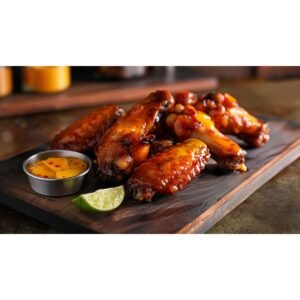 Buffalo Wild Wings Mango Habanero sauce copycat — vibrant deep orange tropical sweet heat sauce drizzled over golden wings