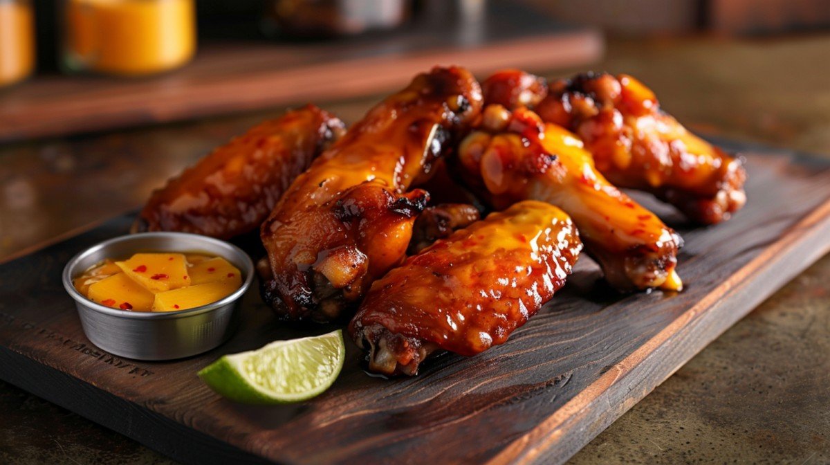 Buffalo Wild Wings Mango Habanero sauce copycat — vibrant deep orange tropical sweet heat sauce drizzled over golden wings
