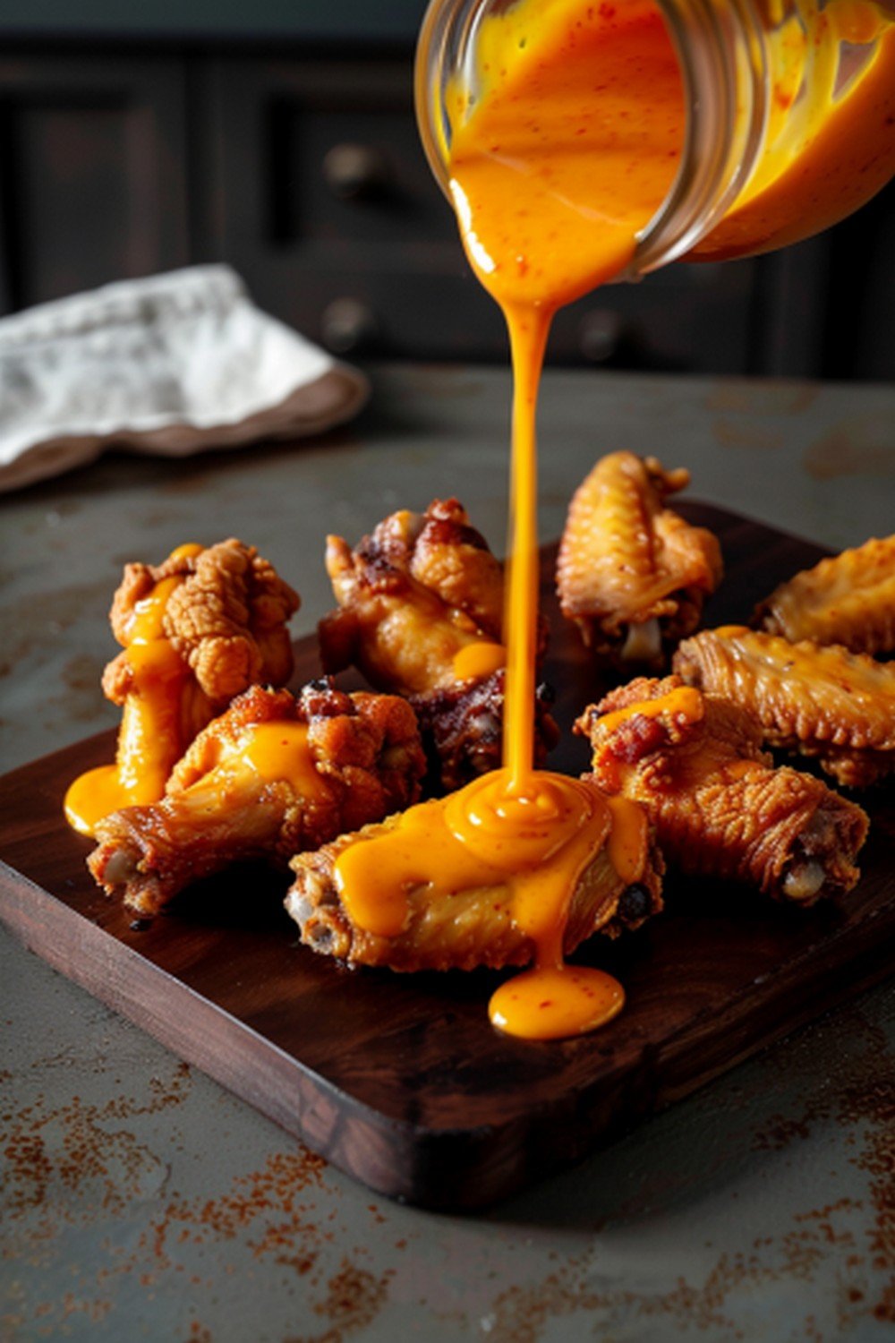 Vibrant deep orange mango habanero sauce poured in bold diagonal stream from small jar over golden wings resting on dark slate

