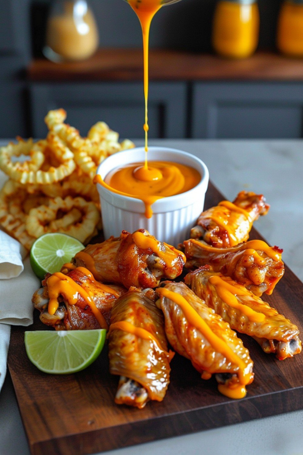 Homemade Buffalo Wild Wings Mango Habanero sauce with golden wings on dark wooden board in warm home kitchen better than takeout scene

