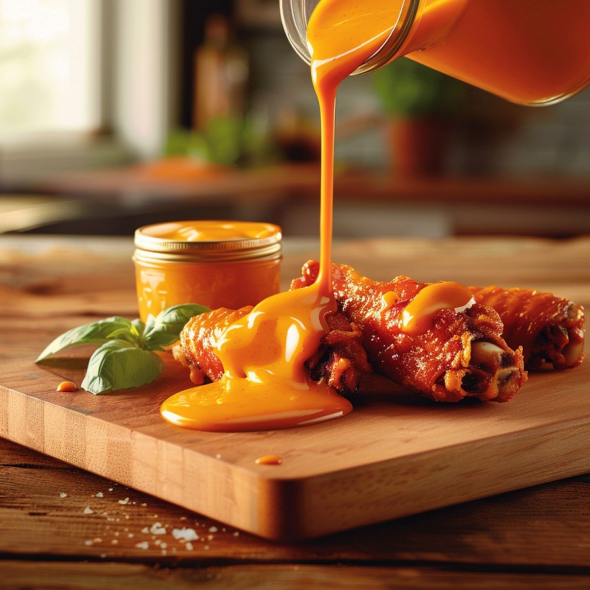 Close-up of vibrant deep orange mango habanero sauce — thick glossy tropical heat texture coating ceramic bowl
