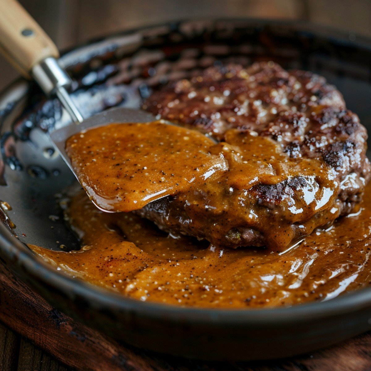 Spatula dragging through glossy golden-tan burger sauce in a dark ceramic bowl showing a thick visible texture trail, burger patty resting at the frame edge on a wooden board
