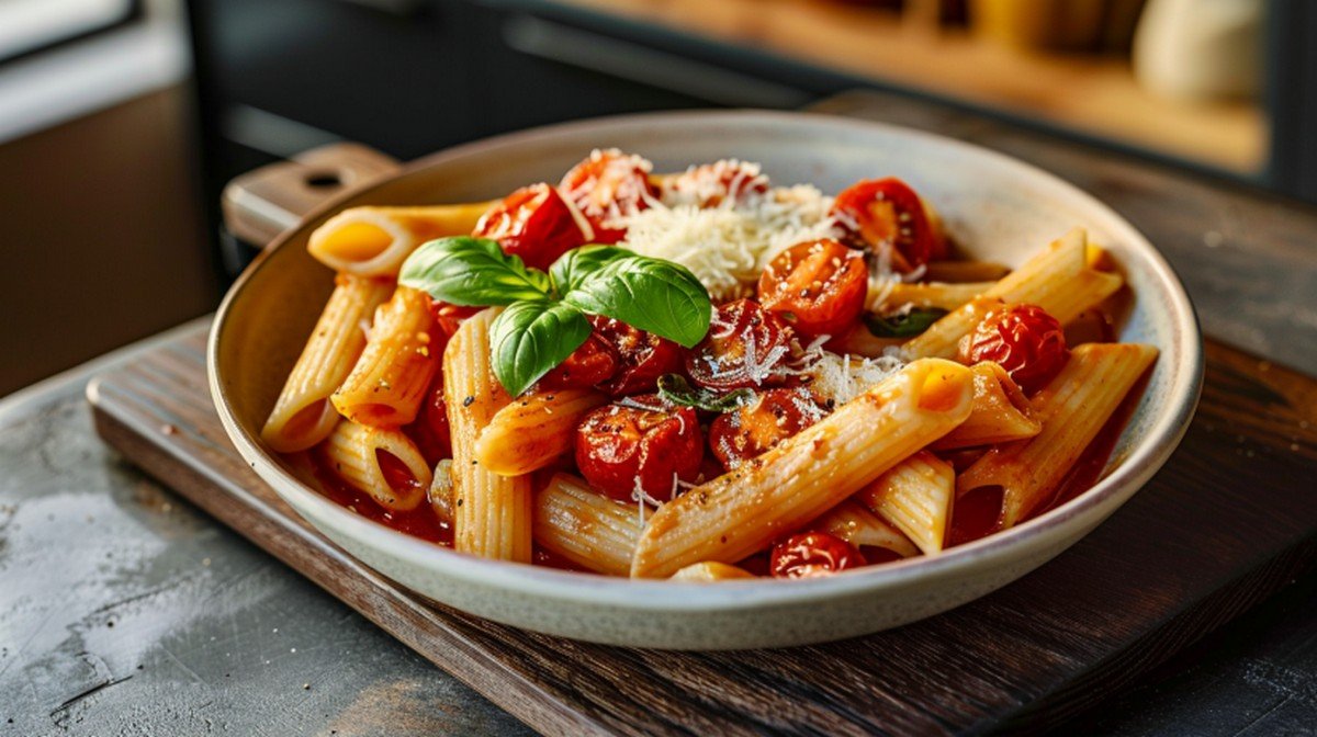 blistered cherry tomatoes bursting into pasta, sauce coating penne