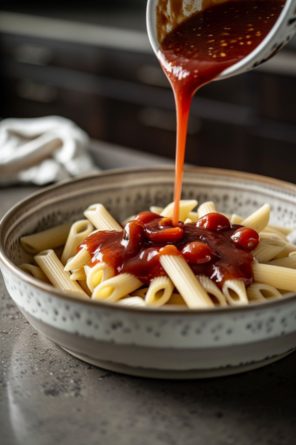Cherry tomato sauce poured over penne pasta in ceramic bowl