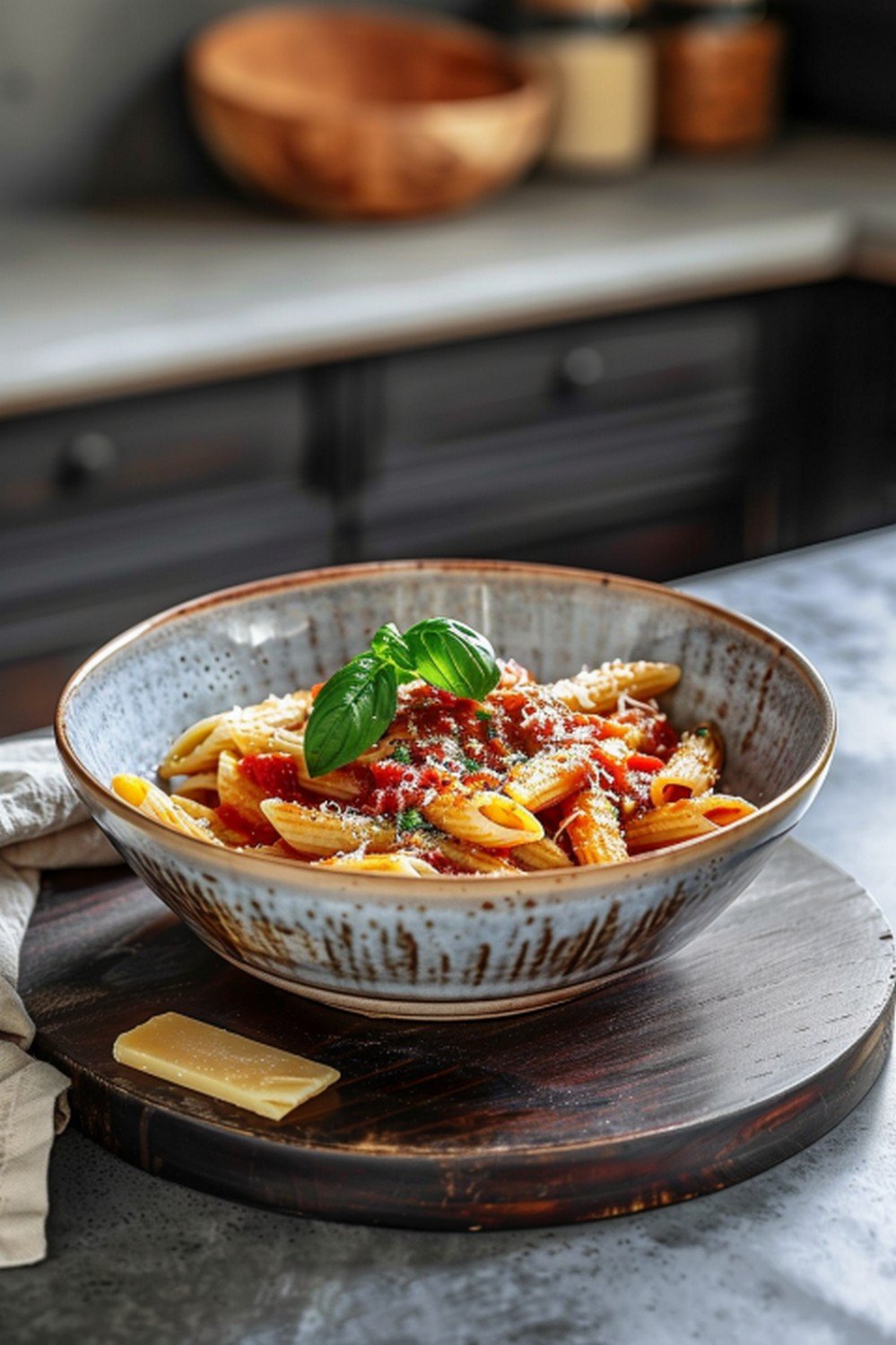Summer pasta dinner bowl with blistered cherry tomato sauce and basil