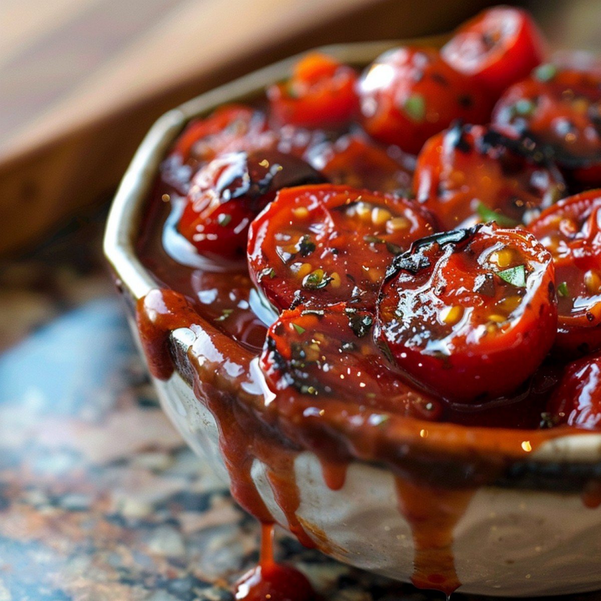 blistered cherry tomatoes bursting, glossy sauce pooling