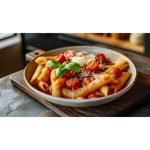 Blistered cherry tomato sauce coating penne in wide ceramic bowl