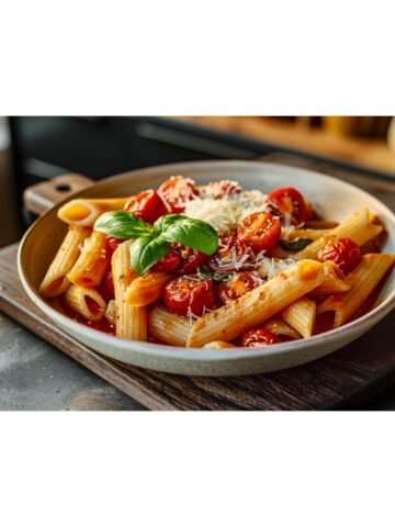 Blistered cherry tomato sauce coating penne in wide ceramic bowl
