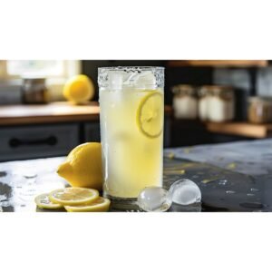Chick-fil-A Lemonade copycat recipe — fresh squeezed pale yellow lemonade with ice in tall clear glass with lemon slices