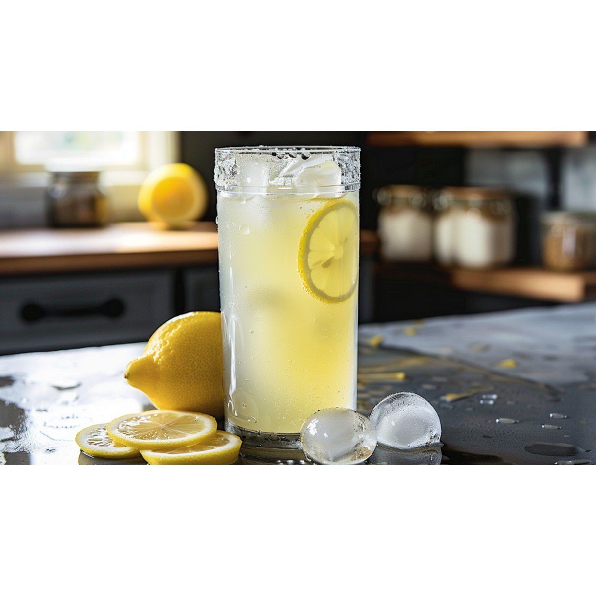 Chick-fil-A Lemonade copycat recipe — fresh squeezed pale yellow lemonade with ice in tall clear glass with lemon slices