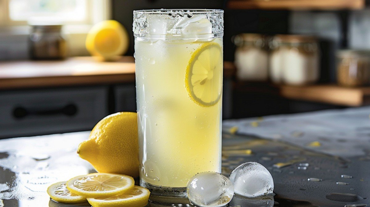 Chick-fil-A Lemonade copycat recipe — fresh squeezed pale yellow lemonade with ice in tall clear glass with lemon slices
