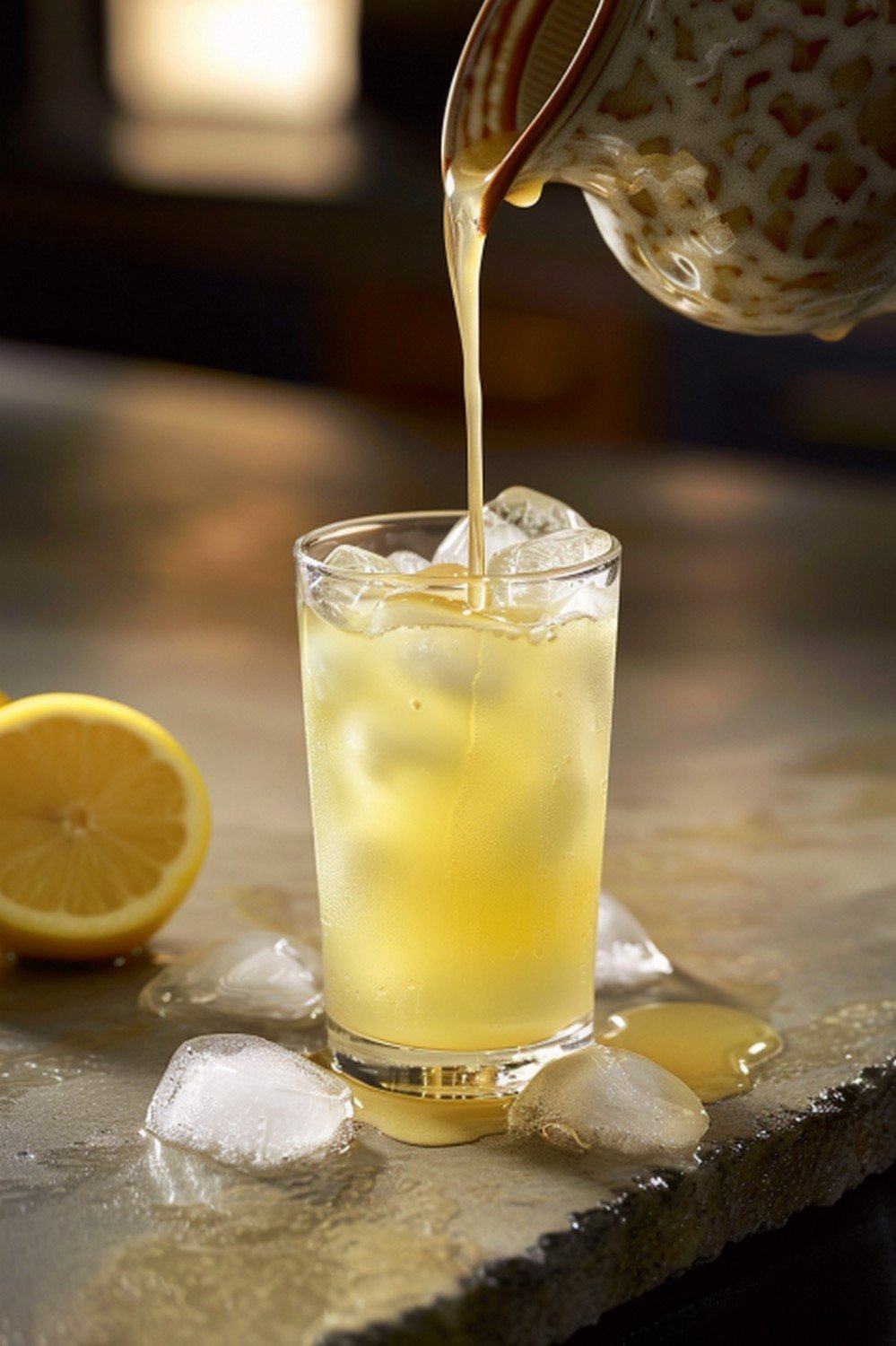 Fresh lemon simple syrup poured in slow glossy stream from ceramic pitcher over tall clear glass of pale yellow lemonade with ice
