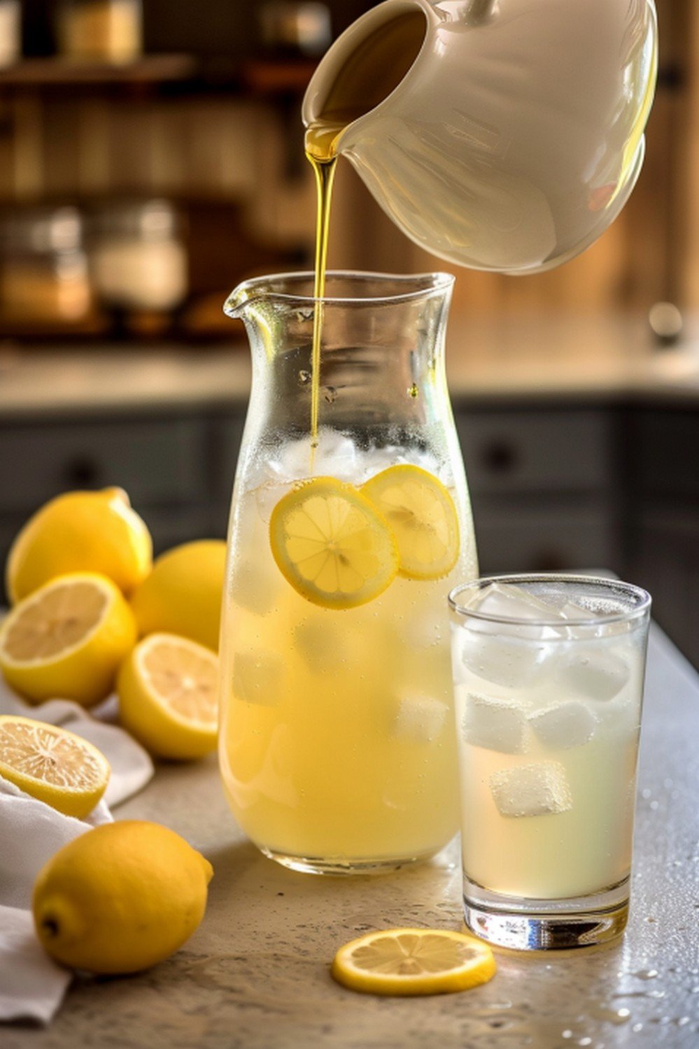 Homemade Chick-fil-A Lemonade in tall glass pitcher with lemon slices on stone countertop in bright summer home kitchen scene
