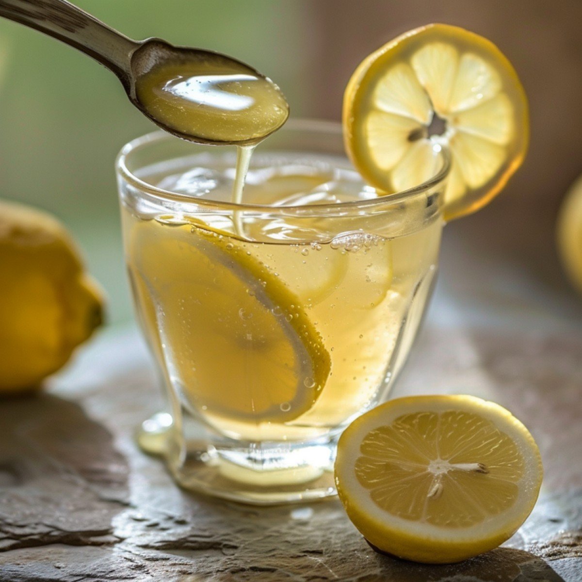 Close-up of pale golden fresh lemon simple syrup releasing in slow drip into clear glass of fresh lemonade catching window light
