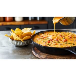 Chili's Skillet Queso copycat — warm golden orange queso in black cast iron skillet with visible tomato and green chile pieces