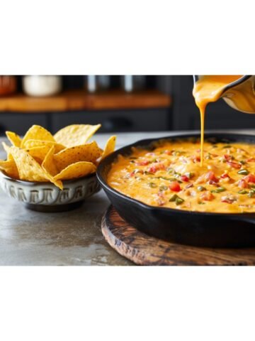 Chili's Skillet Queso copycat — warm golden orange queso in black cast iron skillet with visible tomato and green chile pieces