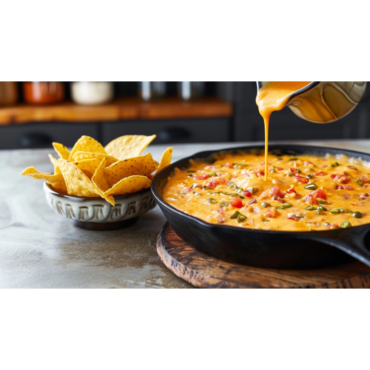 Chili's Skillet Queso copycat — warm golden orange queso in black cast iron skillet with visible tomato and green chile pieces
