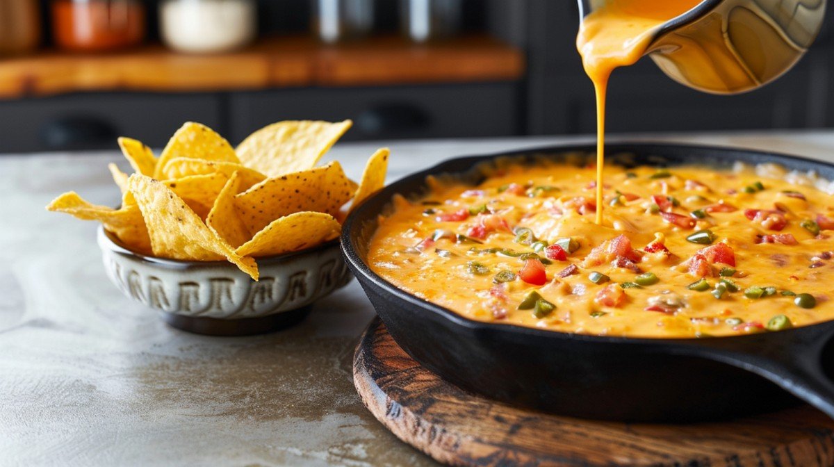 Chili's Skillet Queso copycat — warm golden orange queso in black cast iron skillet with visible tomato and green chile pieces
