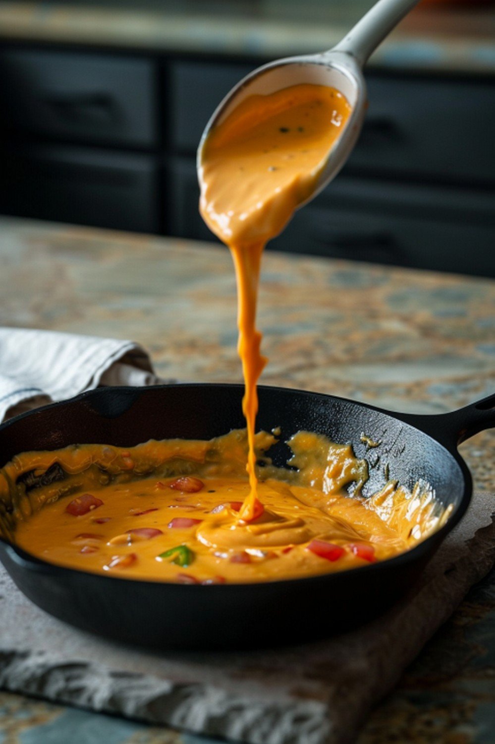 Warm golden orange Chili's queso poured in thick glossy stream from ceramic spoon over cast iron skillet resting on stone counter
