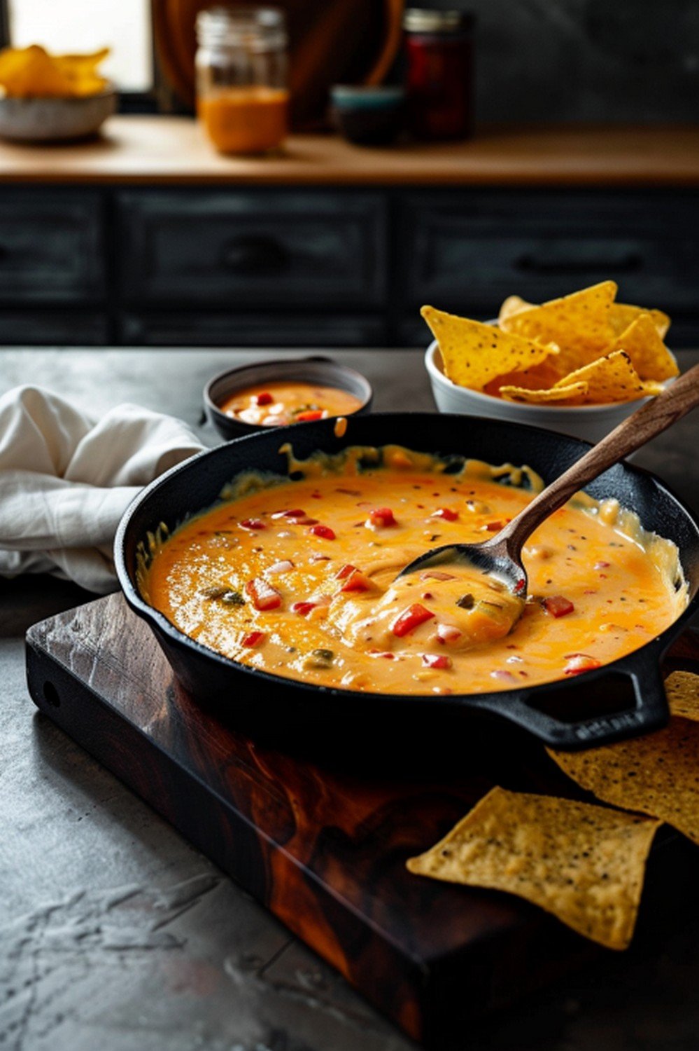 Homemade Chili's Skillet Queso in cast iron with tortilla chips on wooden board in warm home kitchen game day lifestyle scene
