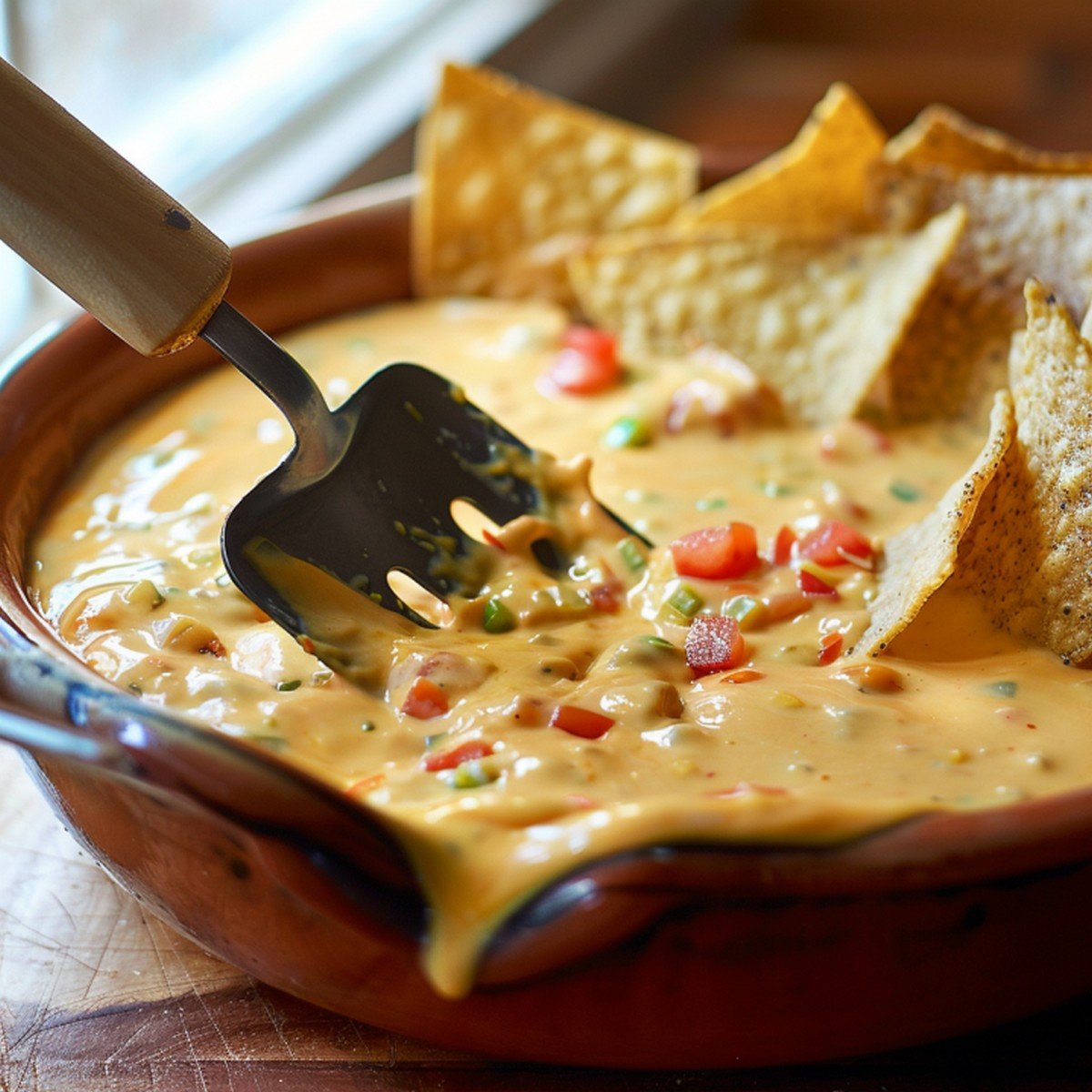 Close-up of warm golden orange queso sauce with red tomato and green chile flecks — thick glossy texture trail
