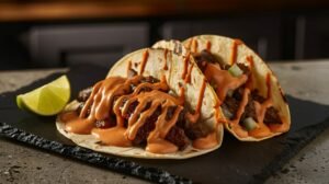 Smoky deep orange chipotle sauce drizzled over loaded beef tacos and burrito bowl on dark slate in modern home kitchen