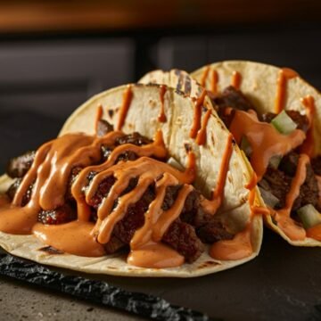 Smoky deep orange chipotle sauce drizzled over loaded beef tacos and burrito bowl on dark slate in modern home kitchen