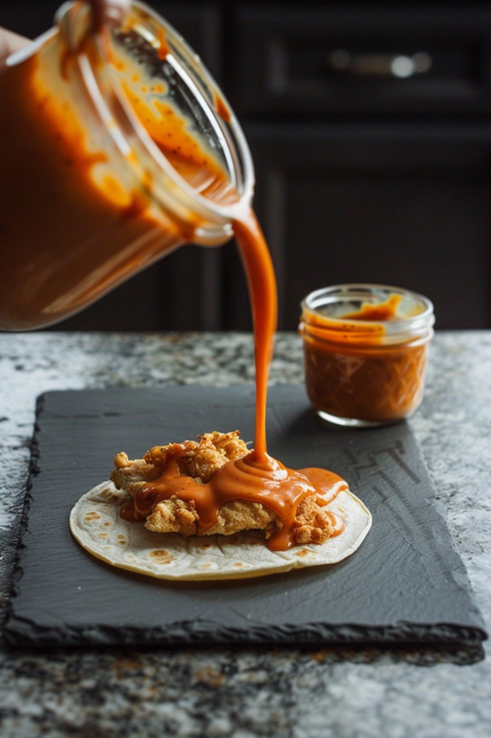 Smoky deep orange-red chipotle sauce poured in bold diagonal stream from small jar held above chicken taco resting on dark slate surface

