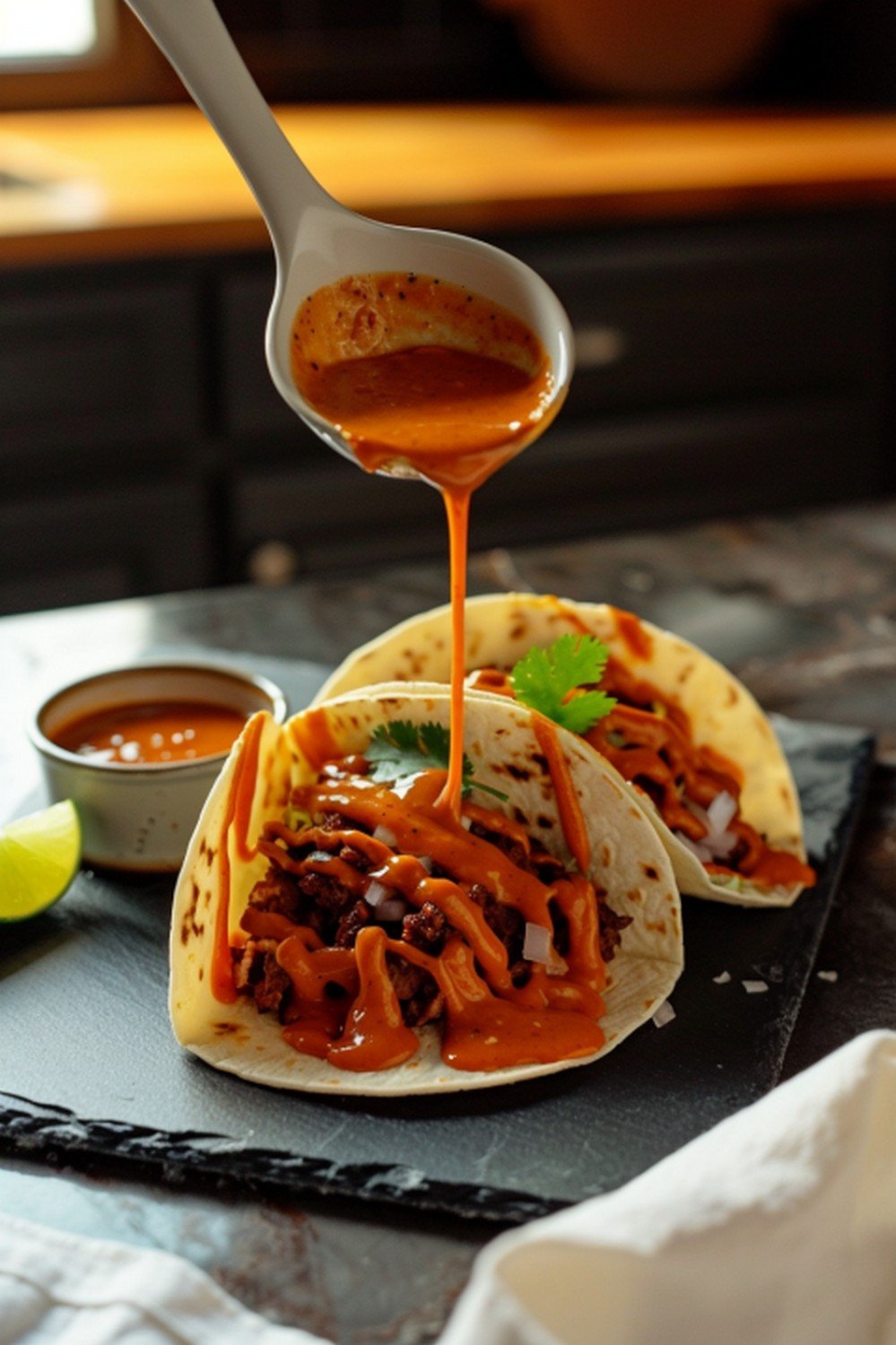 Taco night setup with smoky orange chipotle sauce ramekin beside two loaded tacos and lime wedge on dark slate in Jake kitchen
