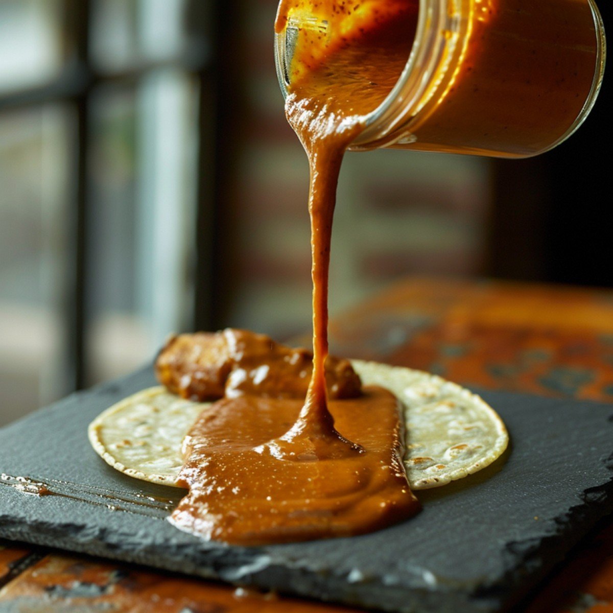 Smoky deep orange-red creamy chipotle sauce poured from small jar mid-pour in single glossy stream with taco at frame edge
