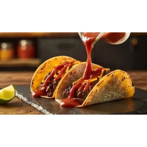 Classic homemade taco sauce drizzled over two fully dressed beef tacos resting on dark slate in warm natural kitchen light